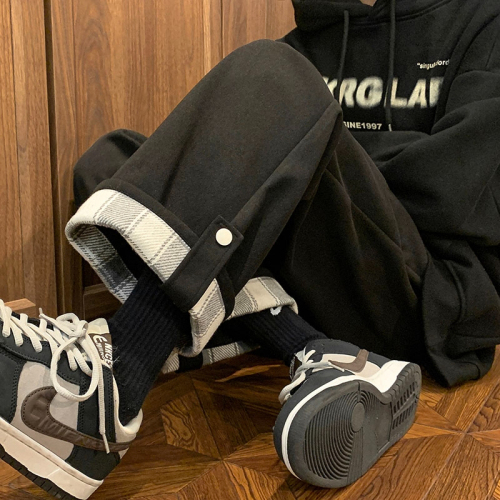 Thin, velvet cuffed plaid casual sports pants for women, autumn and winter new student Korean style wide-leg pants