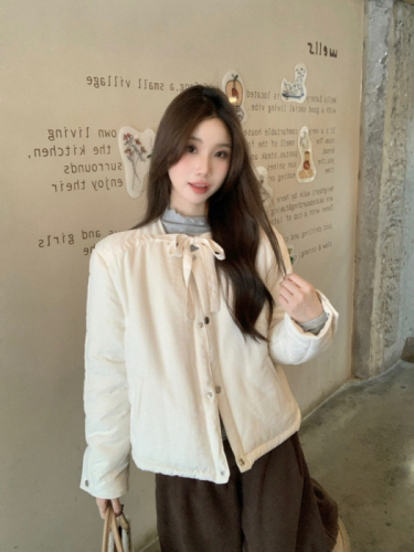 Real shot of small autumn and winter Korean cotton-padded women's sweet and fresh college-style cotton-padded round-neck drawstring jacket