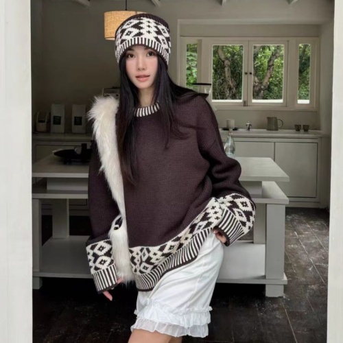 Contrast color jacquard long-sleeved versatile sweater for women autumn loose casual round neck sweater top + hat