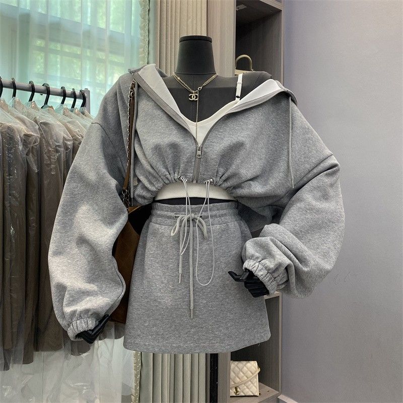 Korean-Style Autumn New Fashionable and Stylish Hooded Short-Sleeve Sweatshirt Coat + High-Waisted Skirt Two-Piece Set