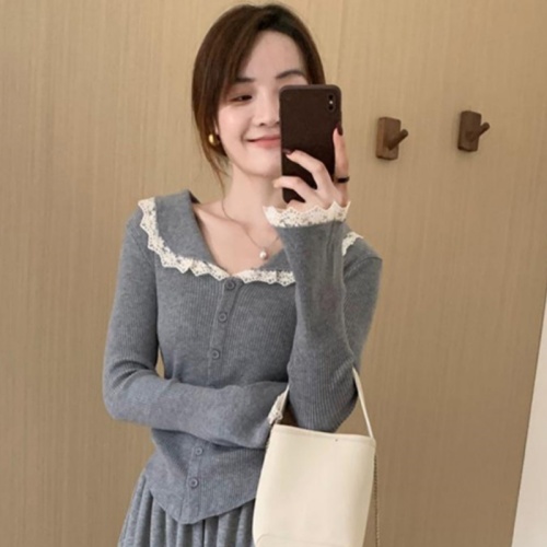 Temperament and high-end lace collar lady cardigan 2024 new autumn Korean style versatile slim casual sweater for women