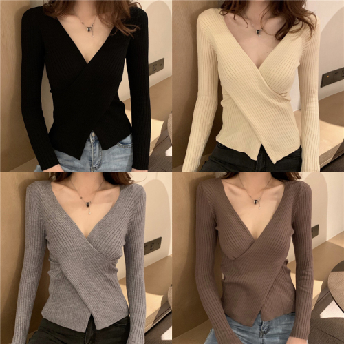 Real shot sexy cross V-neck slim-fitting sweater autumn and winter pullover sweater