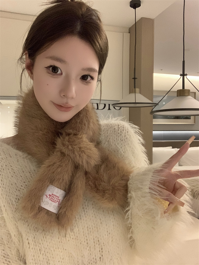 實拍價 圍巾女冬季韓版保暖百搭加絨加厚毛絨茸交叉圍脖假領
