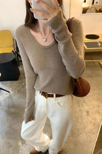 Real photos of high-end wool knitted bottoming shirt for women in autumn and winter, unique and beautiful temperament, age-reducing long-sleeved top