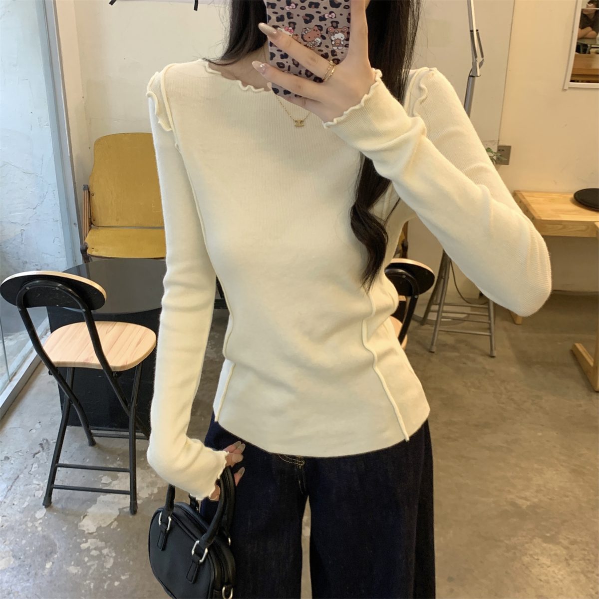 Real shot of autumn and winter Korean style slim round neck andy velvet knitted long-sleeved bottoming sweater top with fungus edges