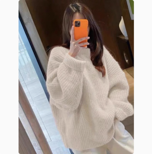 粉色加厚毛衣女2024秋冬新宽松慵懒风温柔软糯甜美冬季针织衫上衣