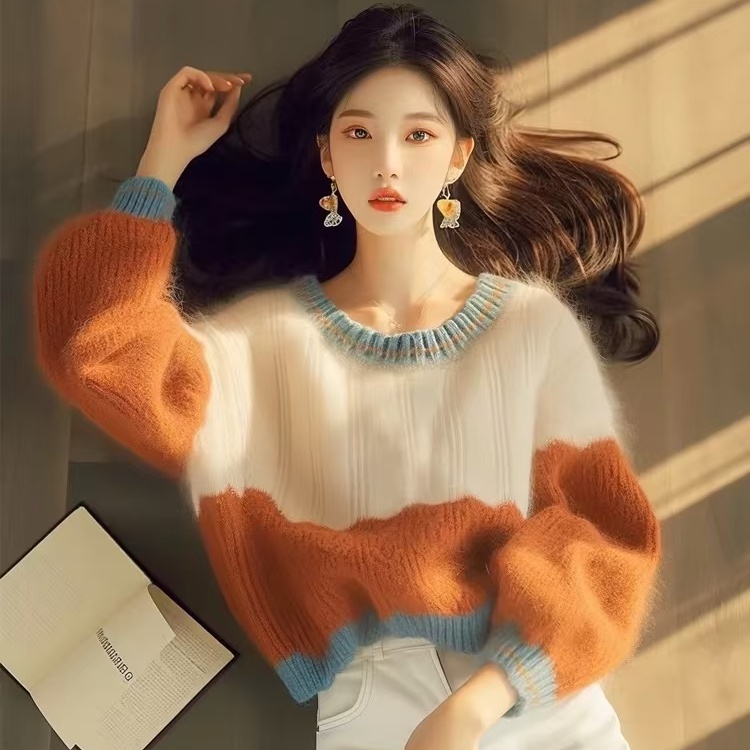 Sweater women's autumn and winter thickened loose outer wear lazy style Korean style design contrasting color knitted long-sleeved top