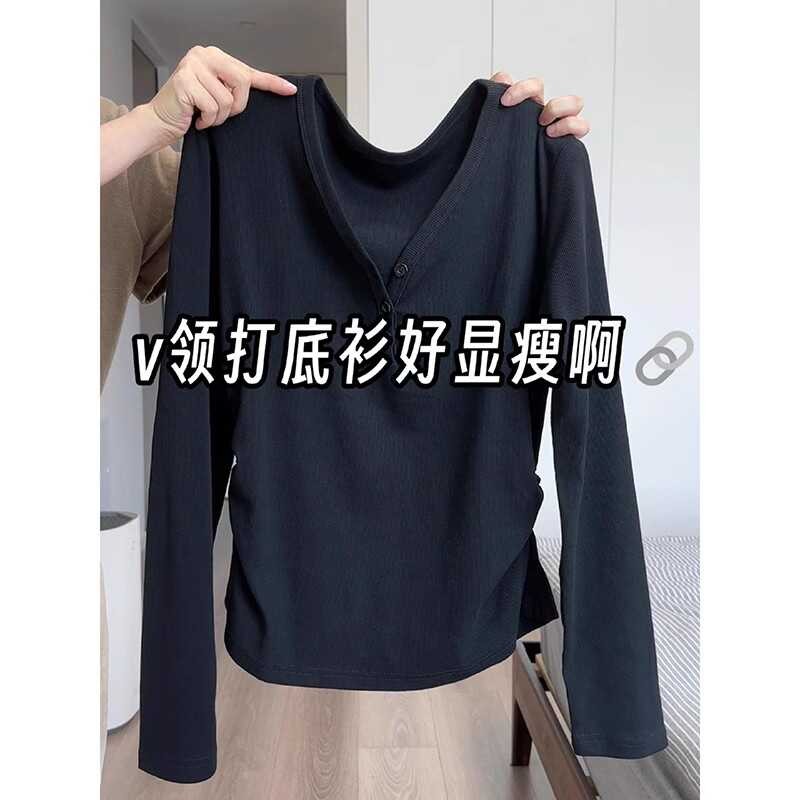 Morning collar thickened autumn large size long-sleeved T-shirt new inner layering shirt fat mm slim waist top