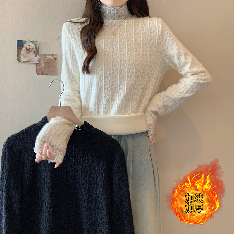 Real shot of 2024 autumn and winter new fat mm fashionable design plus velvet warm lace base top T-shirt