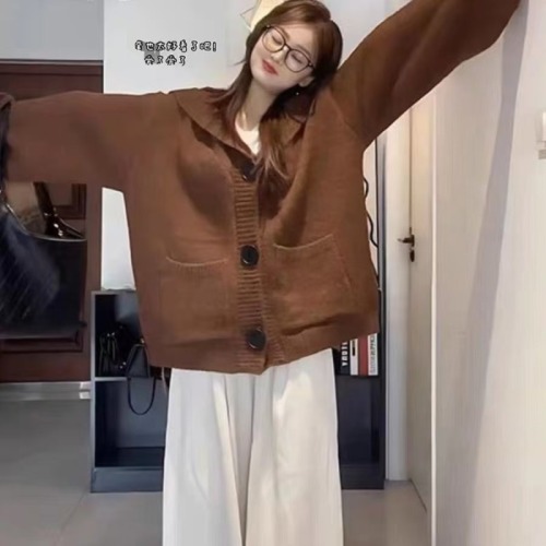 Big button hooded knitted cardigan women's autumn and winter mid-length sweater with pockets loose lazy style relaxed jacket