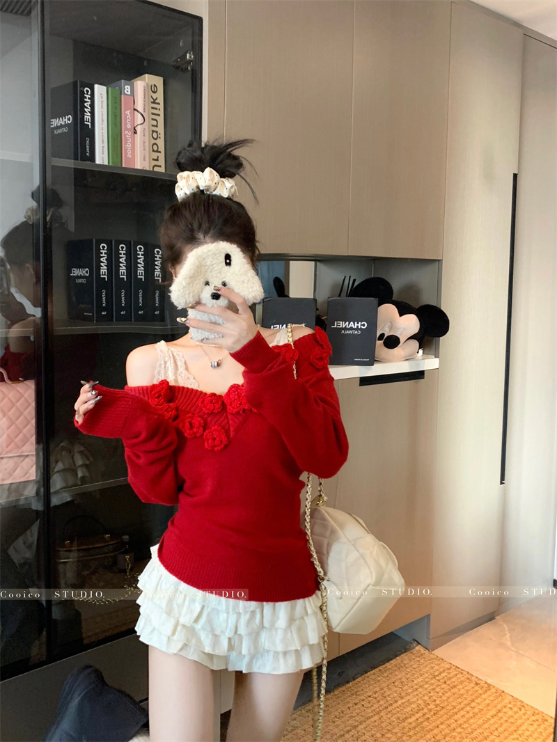 實拍 V領花朵收腰毛衣女軟糯高級設計感針織衫上衣