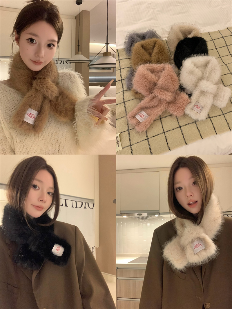 實拍價 圍巾女冬季韓版保暖百搭加絨加厚毛絨茸交叉圍脖假領