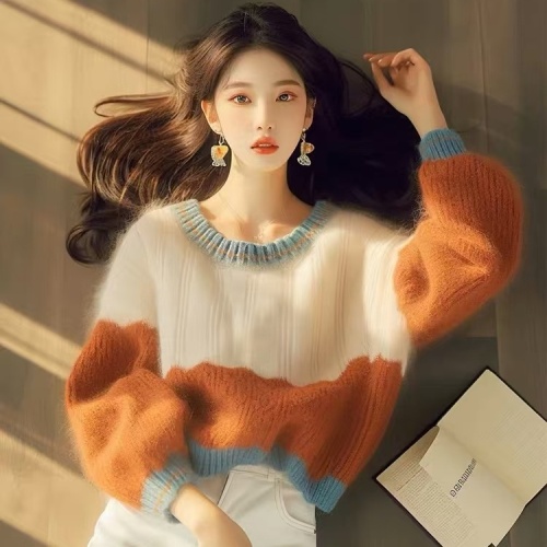 Sweater women's autumn and winter thickened loose outer wear lazy style Korean style design contrasting color knitted long-sleeved top
