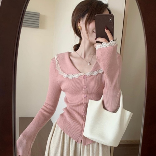 Temperament and high-end lace collar lady cardigan 2024 new autumn Korean style versatile slim casual sweater for women