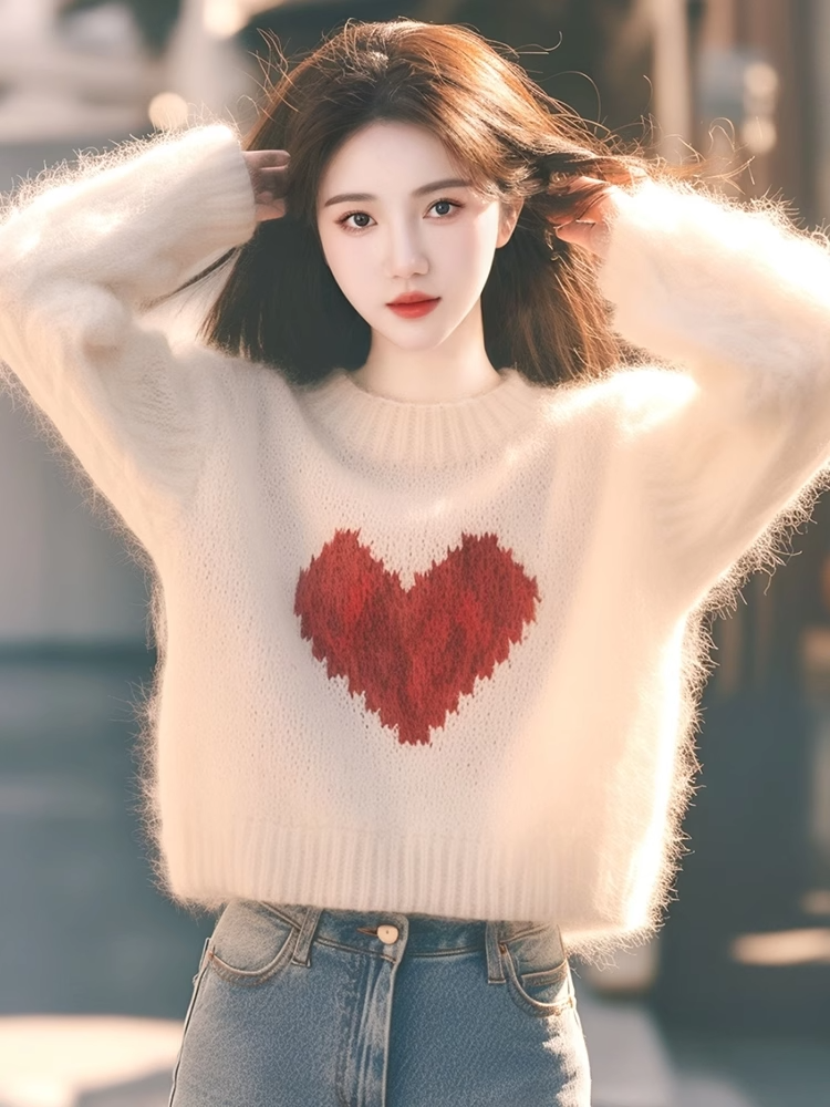Super nice pink love pattern sweater for women in early autumn, high-end thickened loose long-sleeved sweater