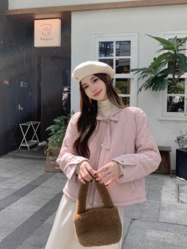 Real shot of small autumn and winter Korean cotton-padded women's sweet and fresh college-style cotton-padded round-neck drawstring jacket