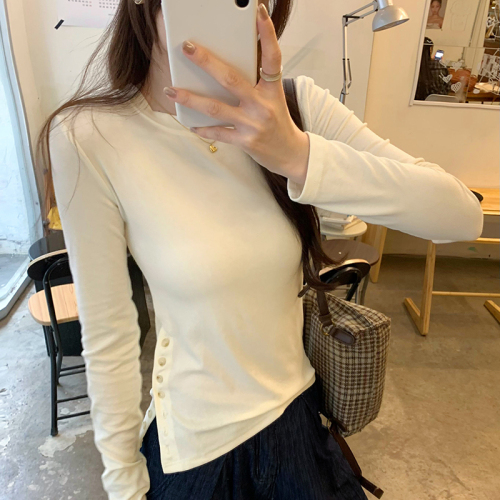 Real photos of temperament, age-reducing, slim-fitting inner layering shirt for women, waist button slit design, long-sleeved T-shirt top