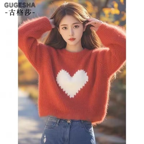 Super nice pink love pattern sweater for women in early autumn, high-end thickened loose long-sleeved sweater