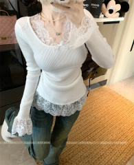 Real shot of pure lust style lace splicing long-sleeved T-shirt v-neck with knitted bottoming shirt top