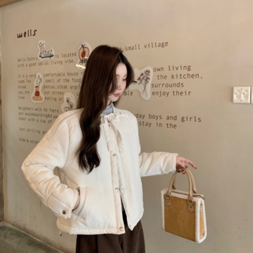 Real shot of small autumn and winter Korean cotton-padded women's sweet and fresh college-style cotton-padded round-neck drawstring jacket