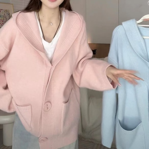 Big button hooded knitted cardigan women's autumn and winter mid-length sweater with pockets loose lazy style relaxed jacket