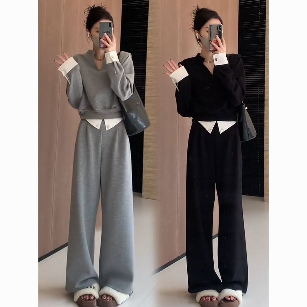 Korean-style V-neck patchwork color-block long-sleeve top and high-waisted straight-leg casual pants set for women, autumn fashion and temperament two-piece set