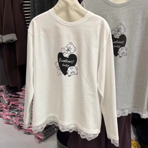 Extra large size 300 pounds autumn round neck lace splicing cartoon bear print pure cotton long-sleeved T-shirt top loose for women