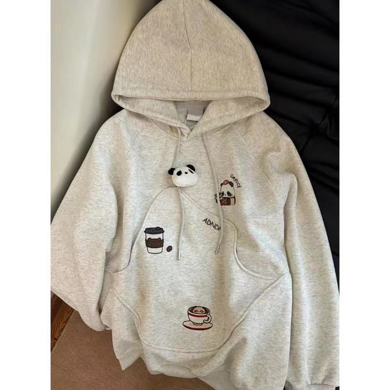 Chinese cotton composite milk silk/silver fox velvet embroidered pullover sweatshirt for women with pockets
