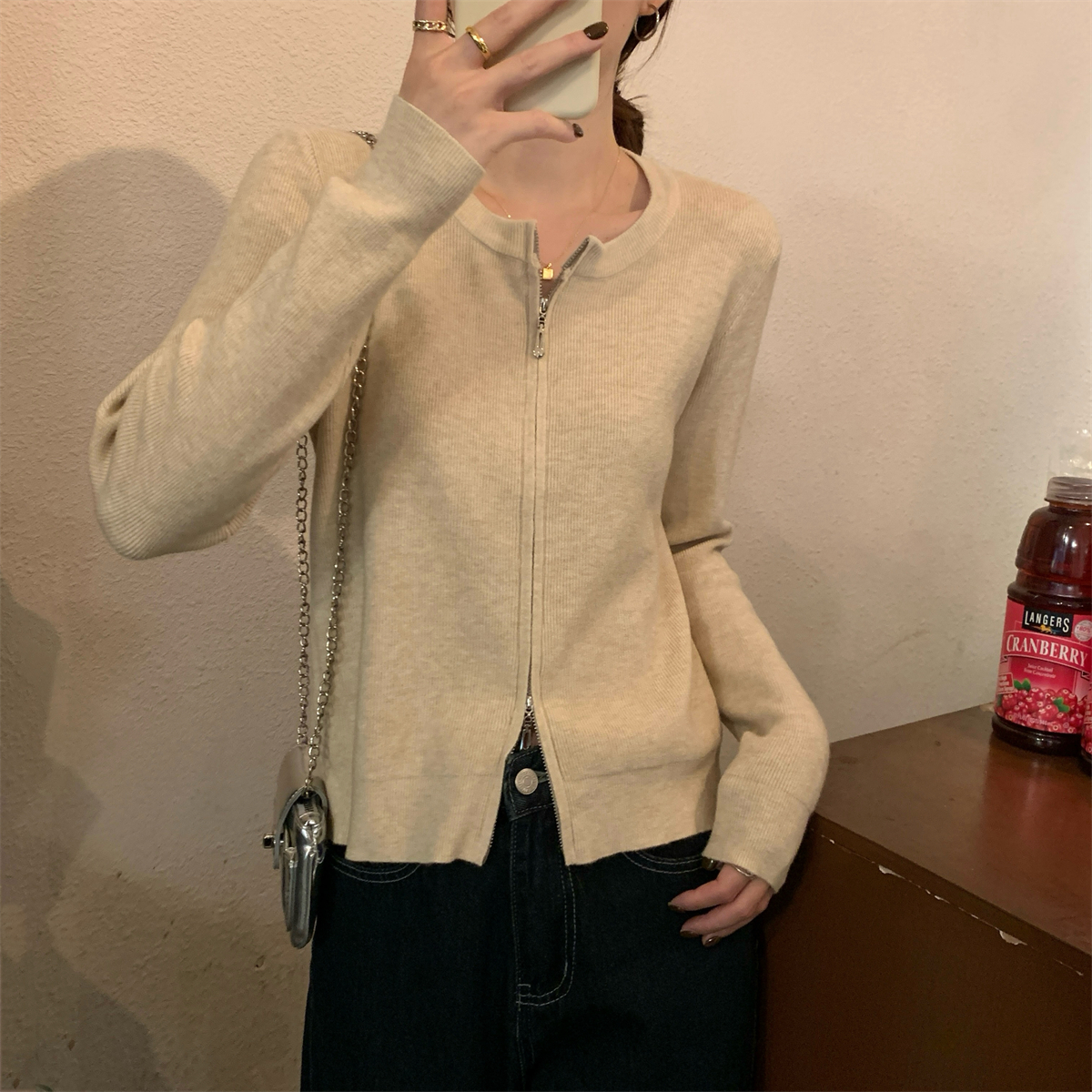 Real shot of autumn and winter Korean style round neck simple double zipper versatile Andy velvet sweater long-sleeved sweater jacket