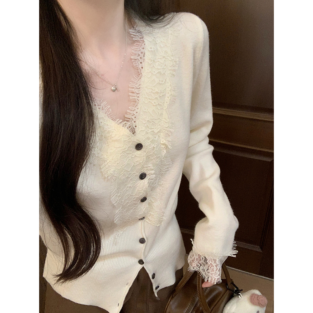 Real shot French lace sweater women's autumn and winter long-sleeved sweater bottoming shirt top