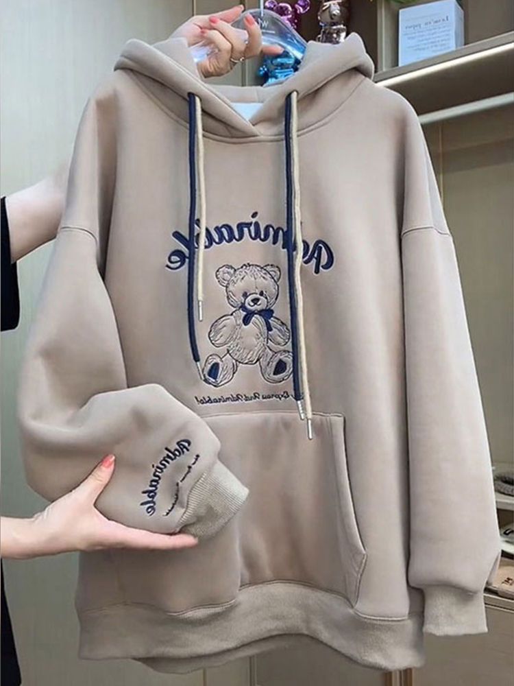 Bear Hua Mian Composite Super Soft Bear Letter Embroidered Fleece Lined Thick Hooded Sweatshirt Student Loose Casual Jacket