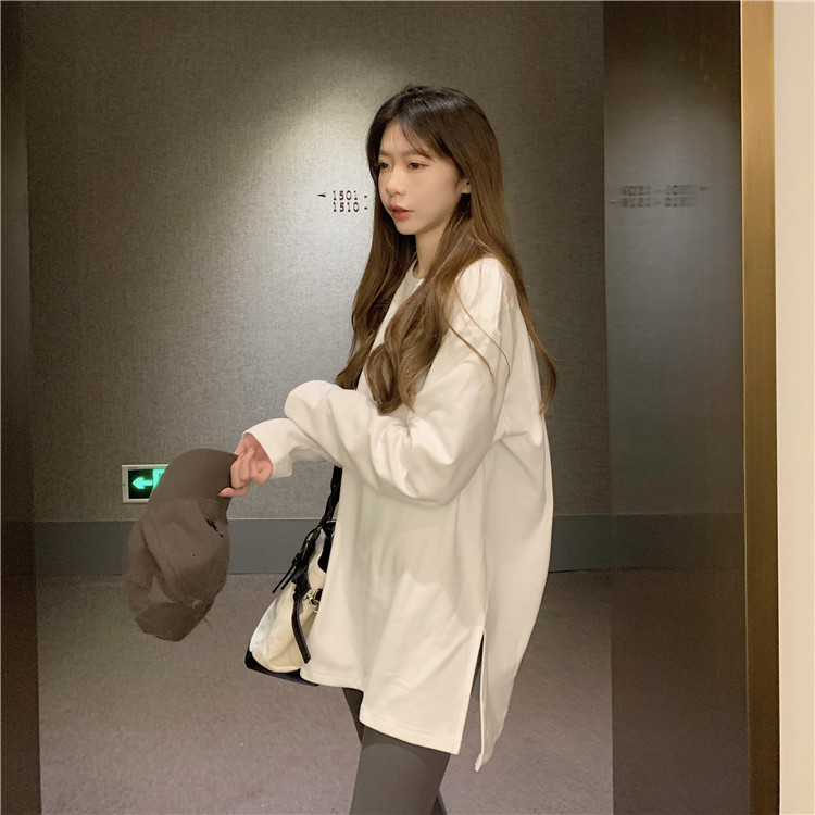 Actual shot~Large size German velvet bottoming shirt autumn and winter new style mid-length slit thickened loose brushed T-shirt for women