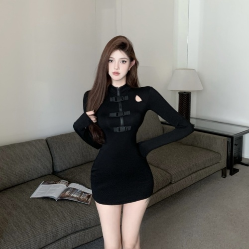 Real shot ~ hot girl black hollow tight hip-hugging long-sleeved sexy dress for women