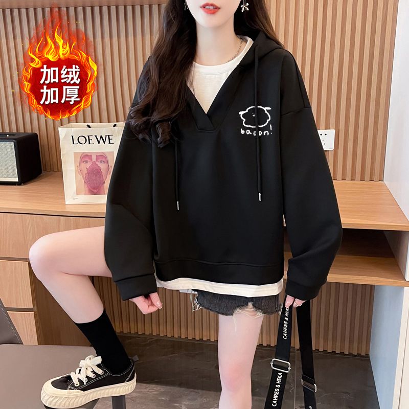 Actual shot of 2024 winter clothing Chinese cotton compound milk silk/velvet large size fake two-piece plus velvet/thin sweatshirt for women