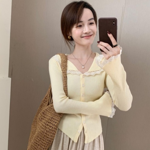 Temperament and high-end lace collar lady cardigan 2024 new autumn Korean style versatile slim casual sweater for women