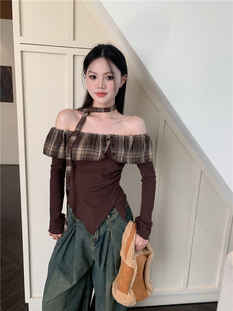 Real shot of ruffled off-shoulder plaid shirt, one-shoulder streamer, halterneck irregular top