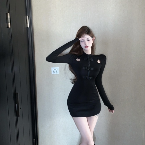 Real shot ~ hot girl black hollow tight hip-hugging long-sleeved sexy dress for women