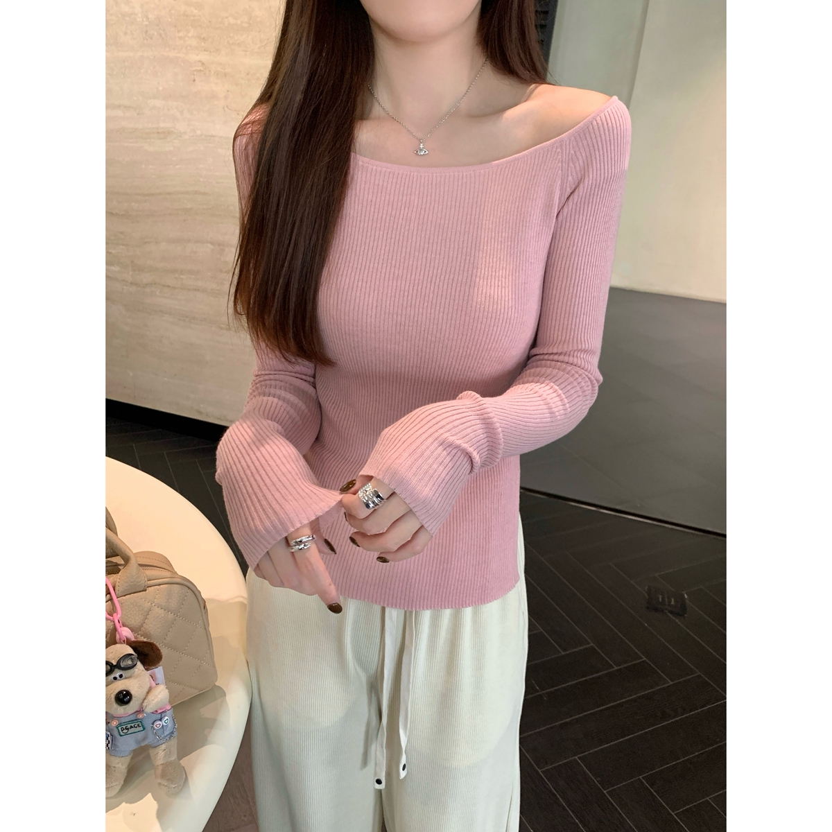 Real shot of autumn and winter Korean style round neck raglan slit 6 wool slim-fitting sweater long-sleeved bottoming sweater top