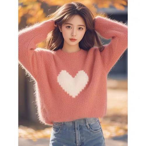 Super nice pink love pattern sweater for women in early autumn, high-end thickened loose long-sleeved sweater