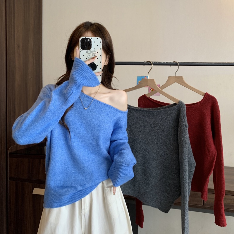 Actual shot of the new gentle style off-shoulder off-shoulder one-word collar wool sweater sweater for women all-match waist top