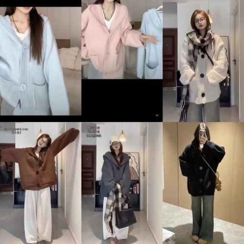 Big button hooded knitted cardigan women's autumn and winter mid-length sweater with pockets loose lazy style relaxed jacket