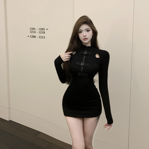 Real shot ~ hot girl black hollow tight hip-hugging long-sleeved sexy dress for women