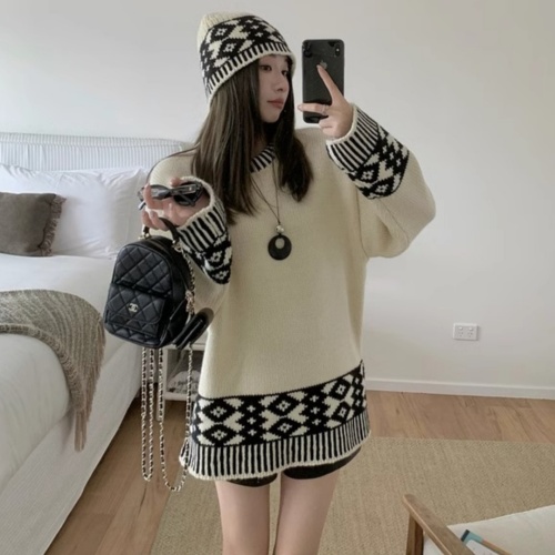 Contrast color jacquard long-sleeved versatile sweater for women autumn loose casual round neck sweater top + hat