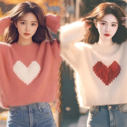 Super nice pink love pattern sweater for women in early autumn, high-end thickened loose long-sleeved sweater