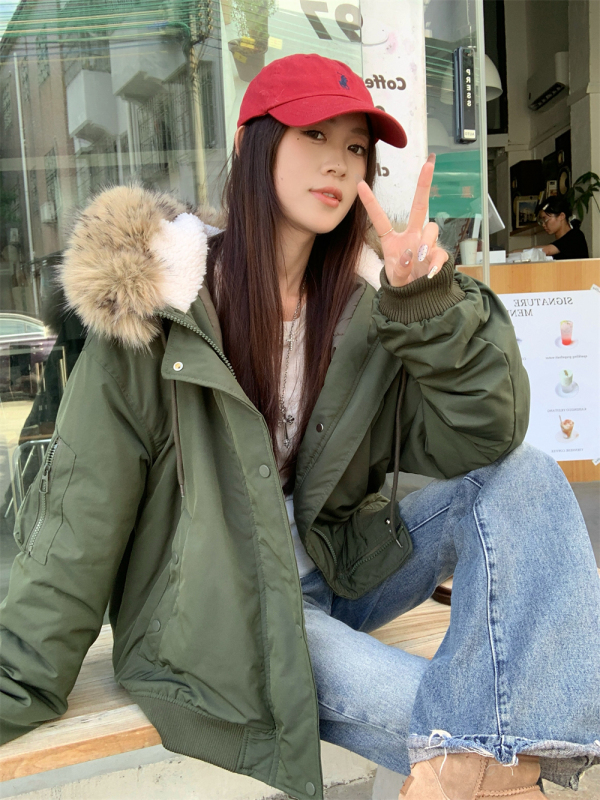 Winter large fur collar soft waxy warm hooded hooded cotton coat loose cotton coat