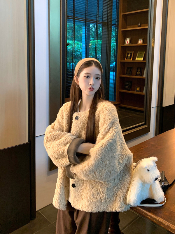 Imitation lamb wool round neck long-sleeved jacket women's 2024 new autumn Korean style loose age-reducing versatile warm top