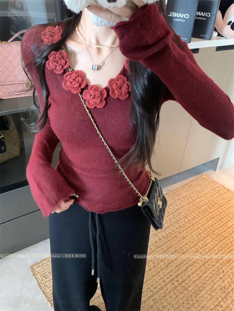 實拍 設計感V領花朵長袖針織衫女秋冬甜辣妹短款別致修身毛衣