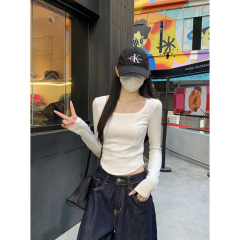Actual shot of autumn and winter Korean style slim square collar fishbone design temperament versatile long-sleeved bottoming T-shirt top for women