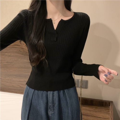 Actual shot price Solid color V-neck slim and versatile long-sleeved knitted bottoming shirt T-shirt top for women