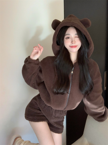 Actual shot ~ Cute bear sweatshirt jacket + shorts, new autumn and winter home clothes set that can be worn outside